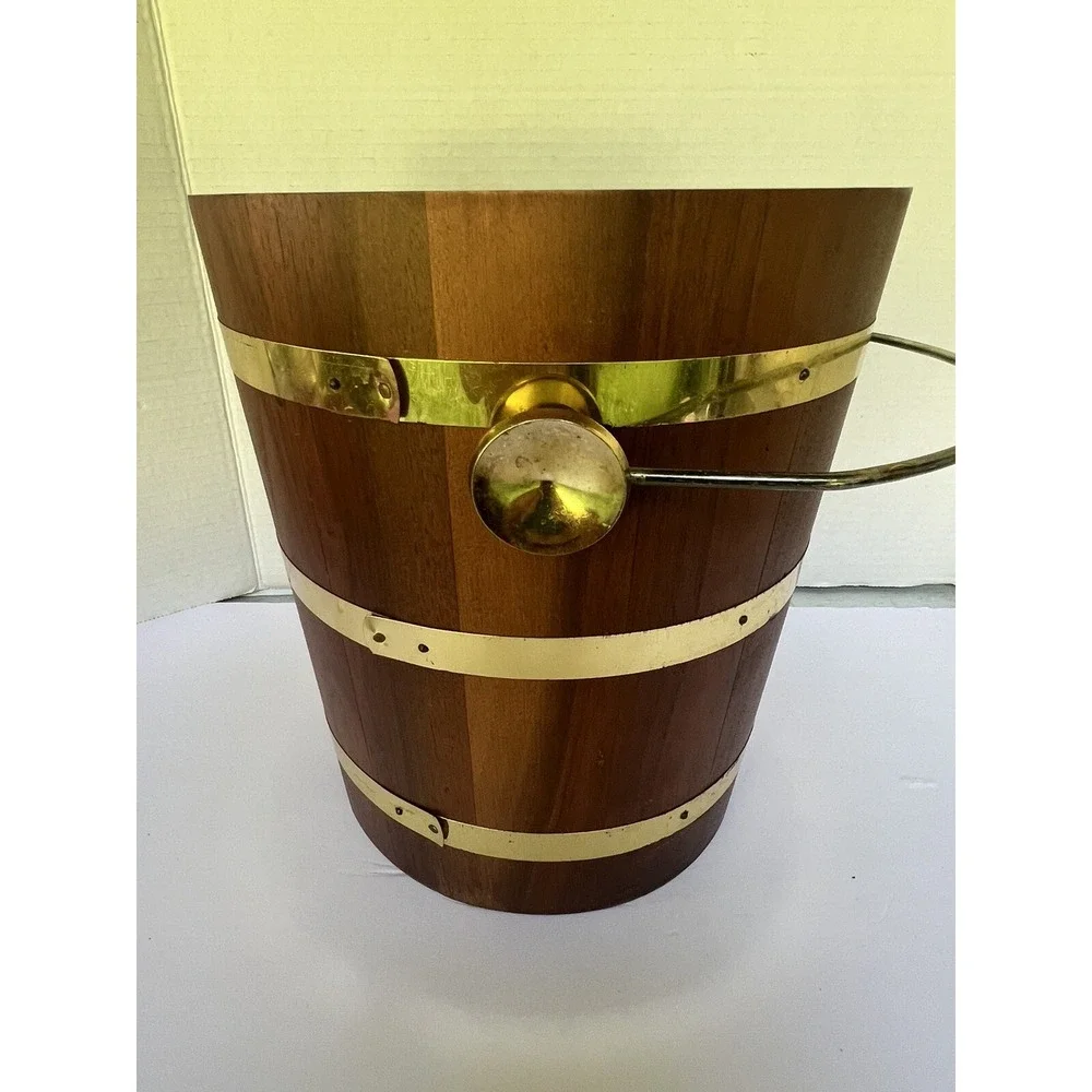 Ice Bucket Walnut Wood Vermillion Brass Vintage liner bucket‎  MCM